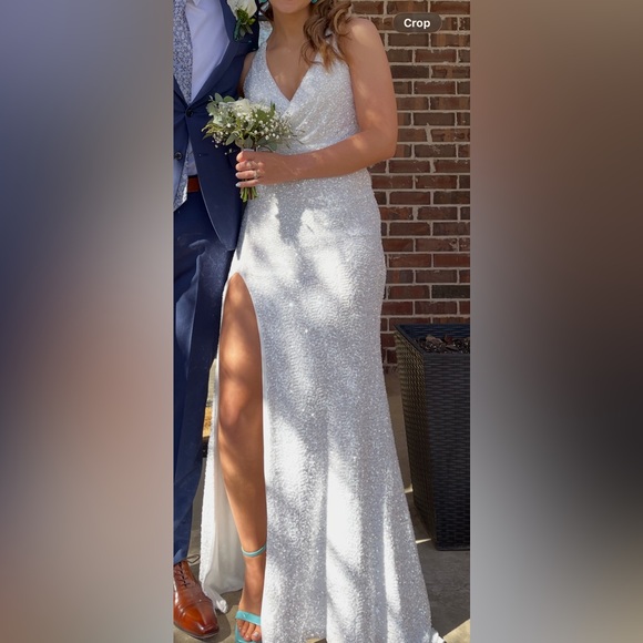 La Femme Dresses & Skirts - La Femme White Sequin Maxi Skirt with High Thigh Slit